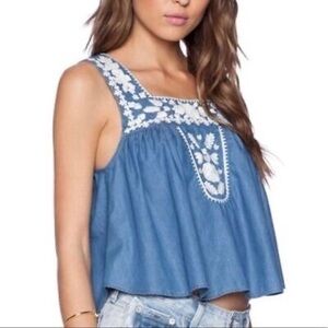 Lovers + Friends Chambray Embroidered Sleeveless Top Size S